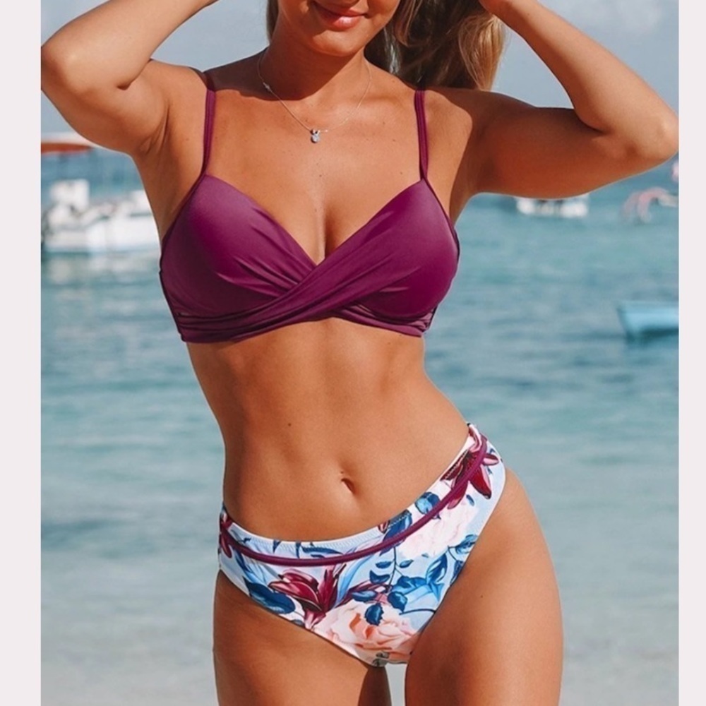 Cupshe NWT Plum Floral Wrap Bikini Full Moulded Cup